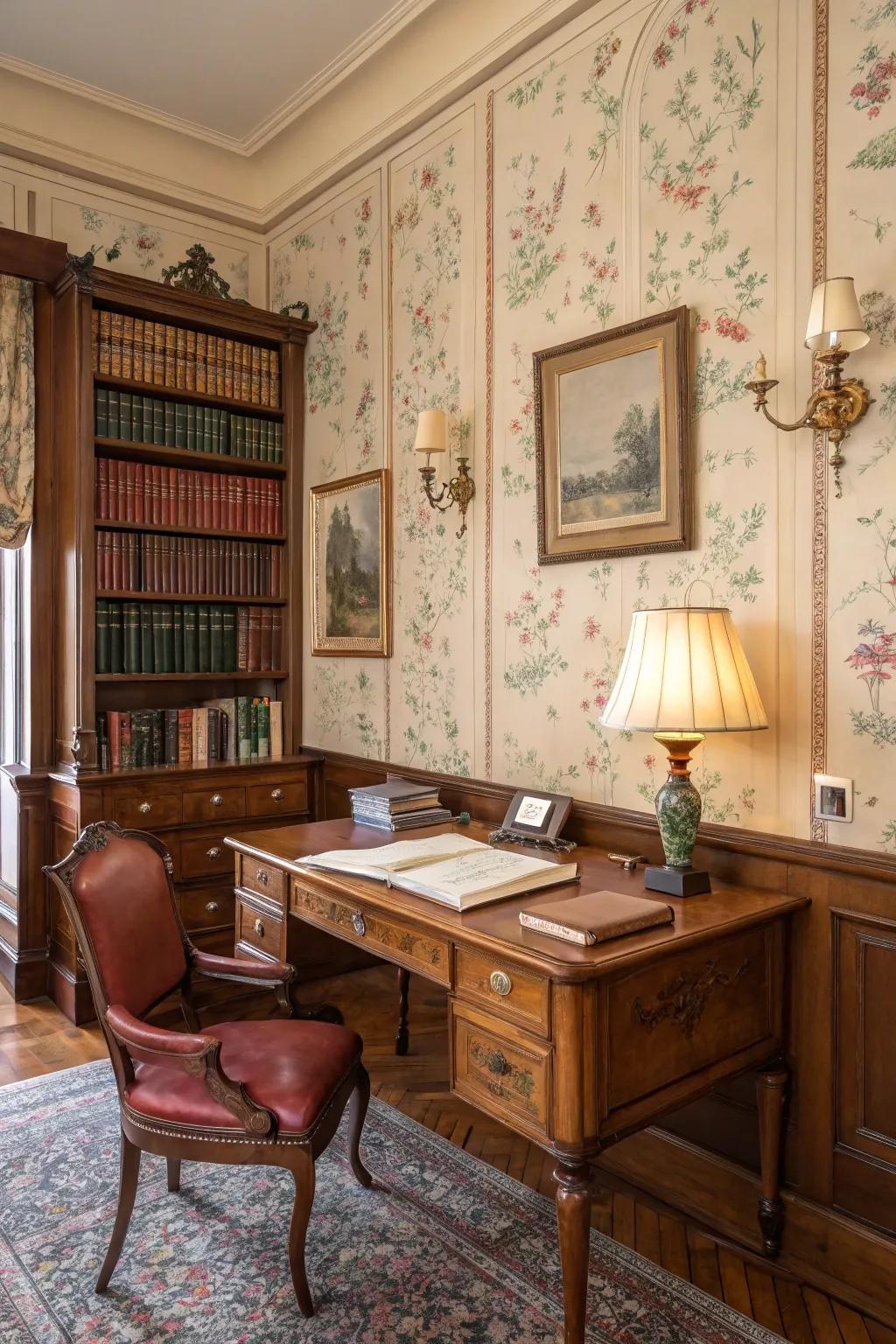 A vintage wallpaper adds old-world charm to a stylish study.