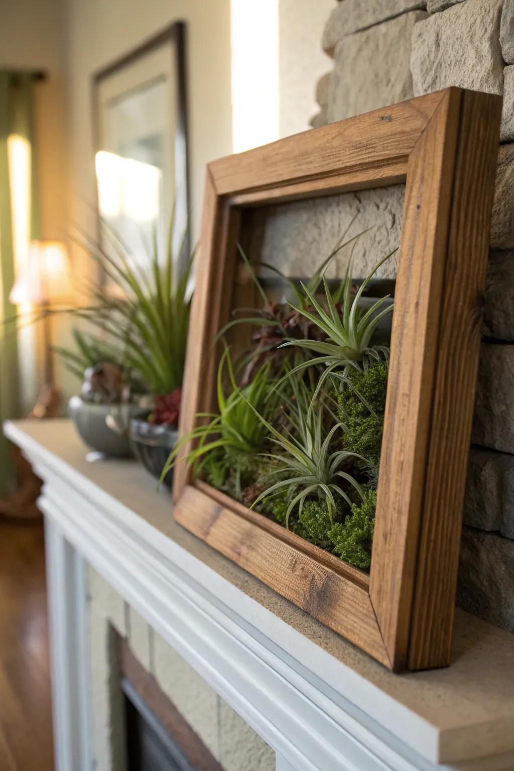 A living picture made from air plants, adding a botanical touch.