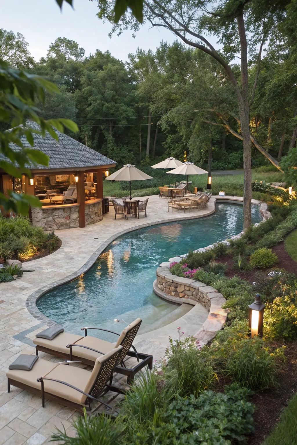 A convenient swim-up bar in a lazy river pool for easy entertaining.