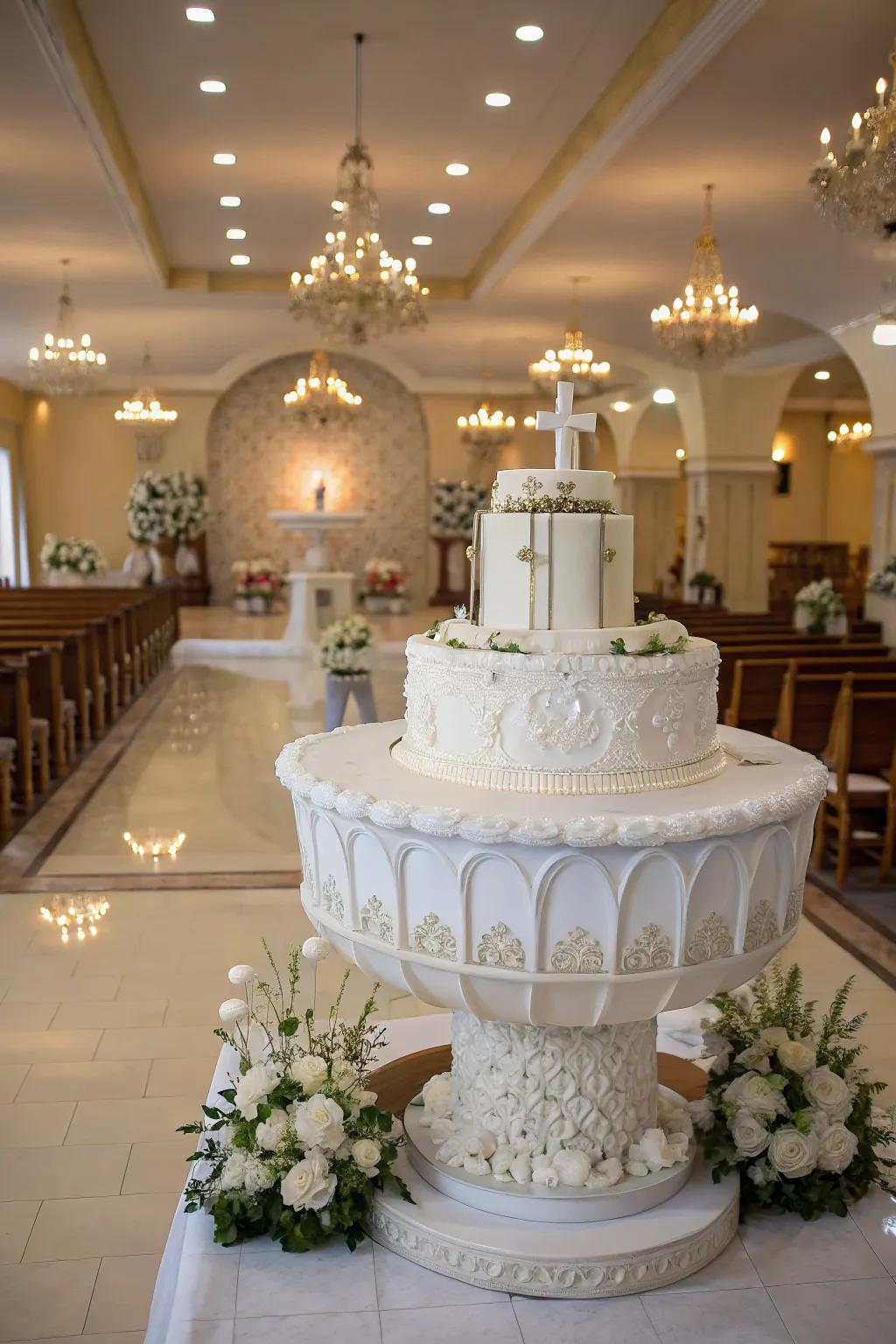 A cake designed to resemble a baptismal font.