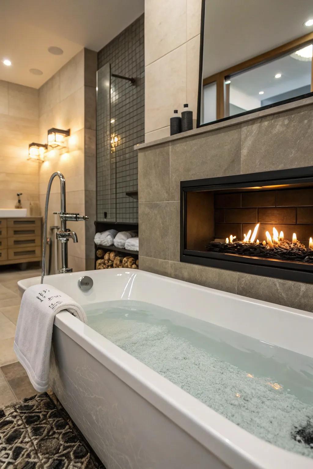 A cozy bathroom with a tub beside a warm, modern fireplace.