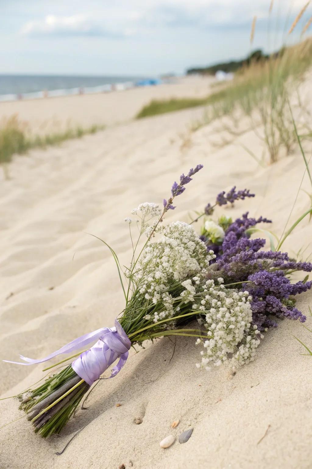 A soft, whimsical bouquet for a fairy-tale beach setting.