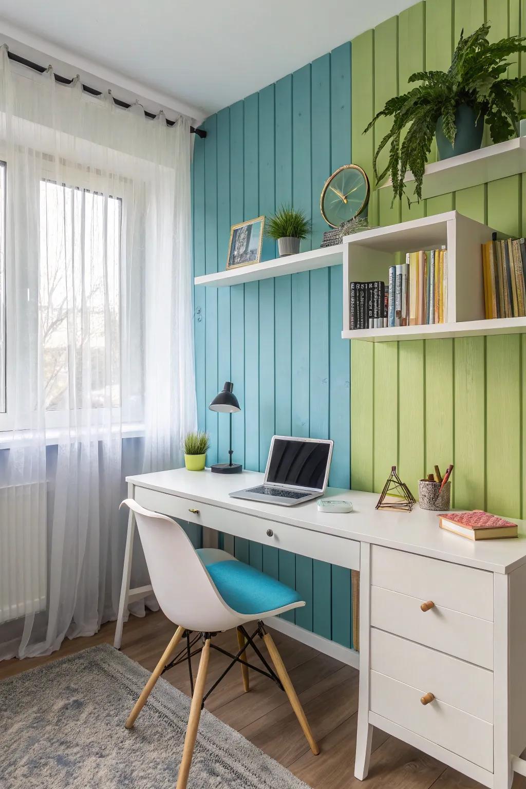 An eclectic office space with colorful beadboard walls.