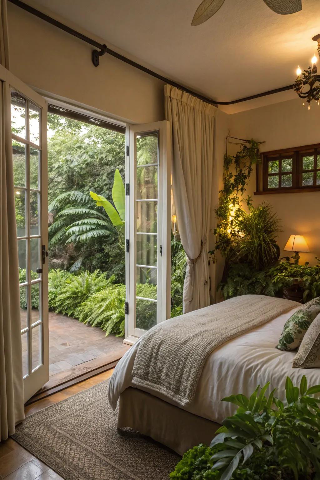 Plant accents create a natural transition between bedroom and garden.