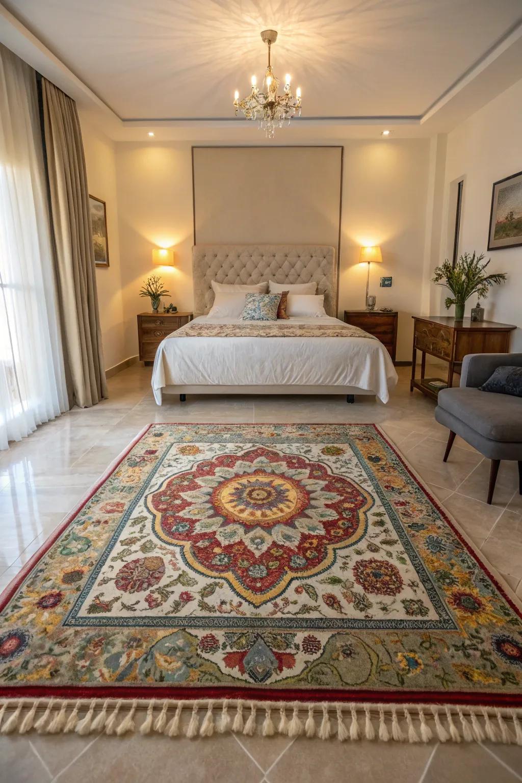 Artistic floor coverings elevate bedroom aesthetics.