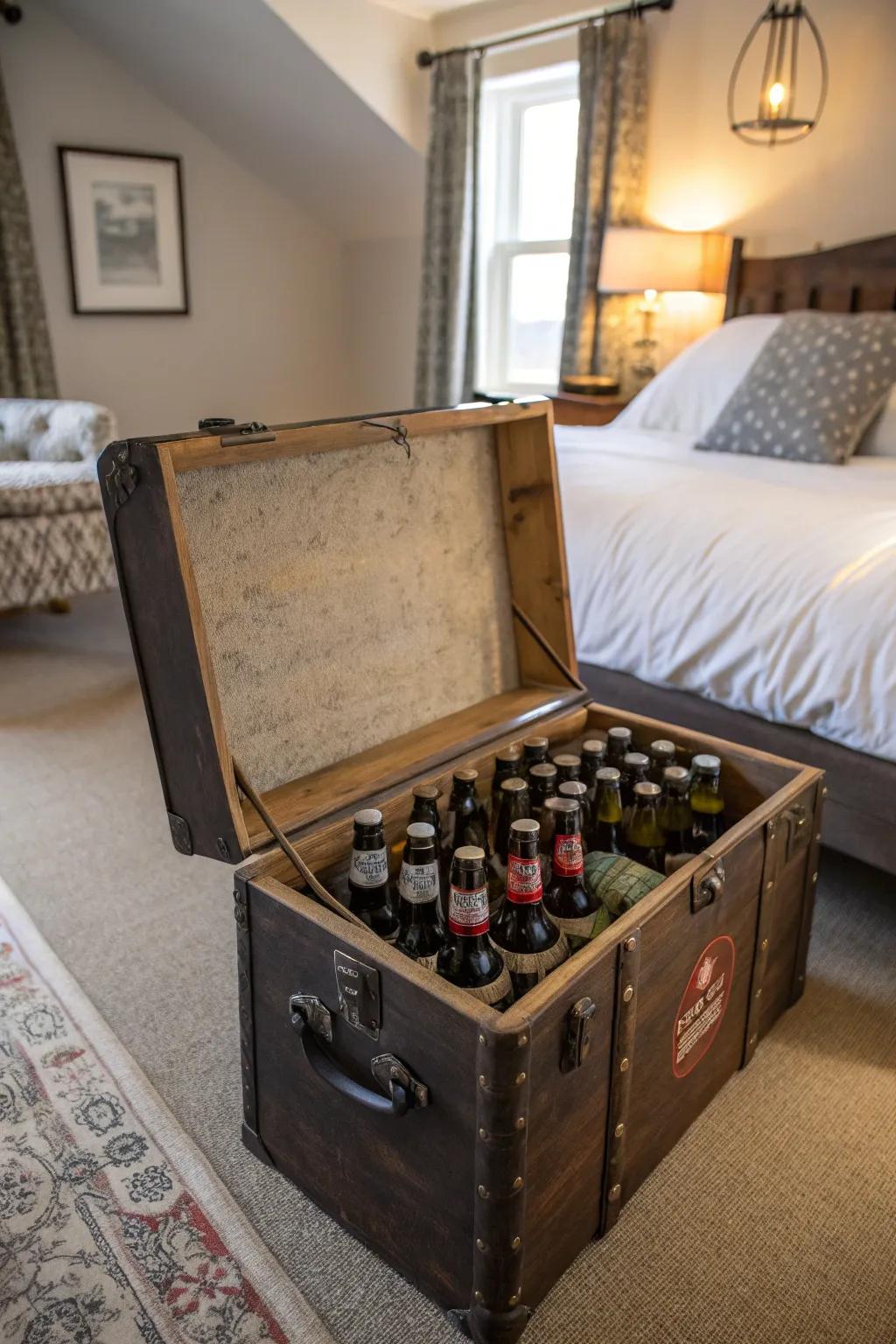 An antique trunk in the bedroom holding beer bottles, adding vintage charm.