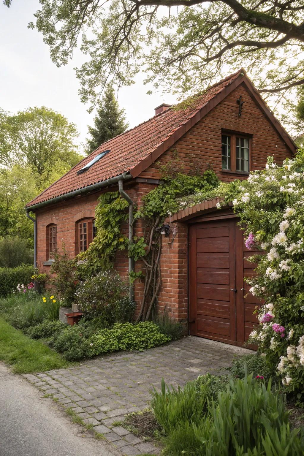 Rustic brown garage doors give red brick houses a cozy atmosphere.