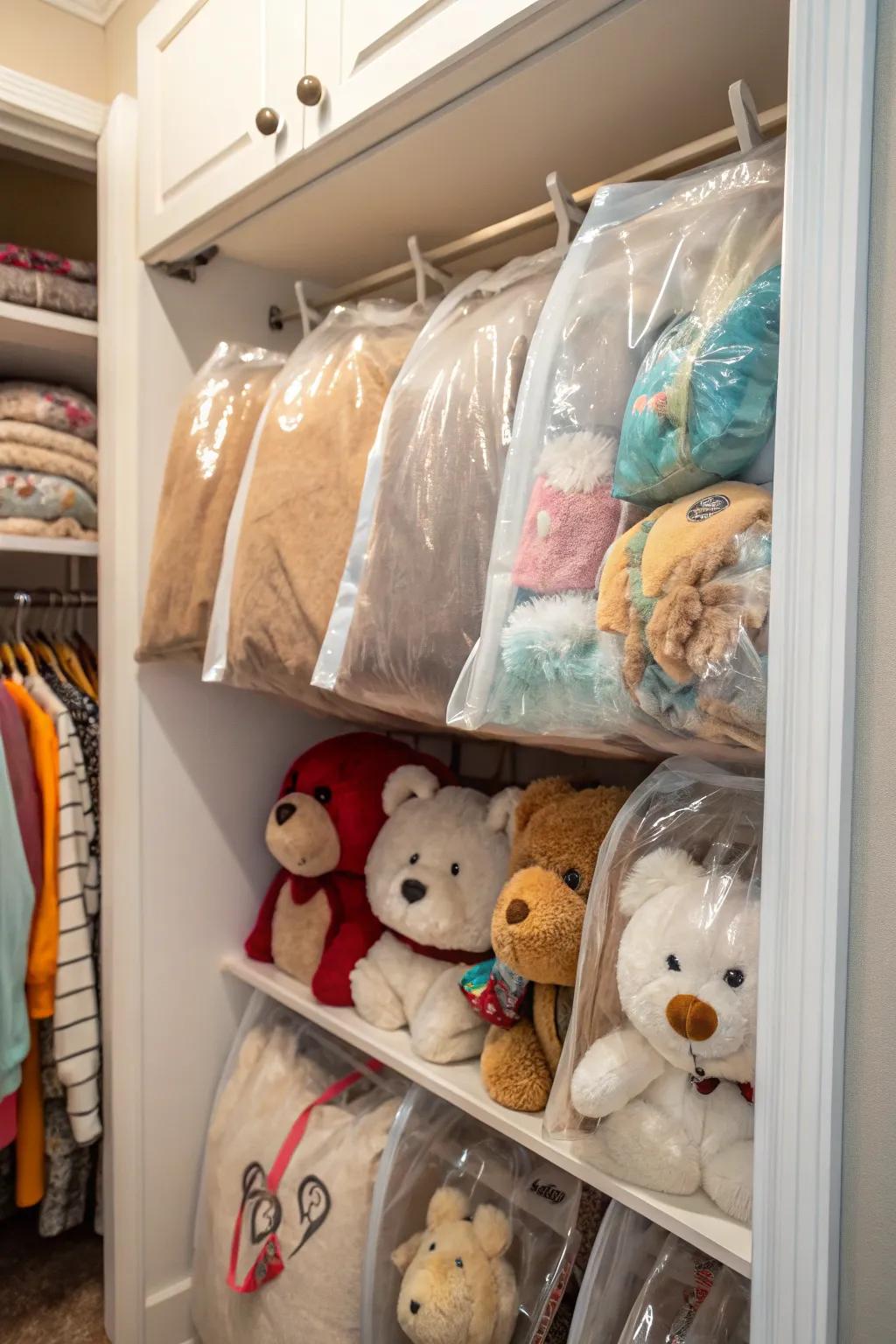 Vacuum seal bags protect toys during long-term holding.