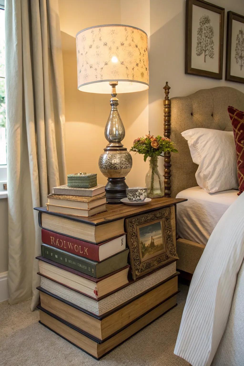 A stack of big books as a bedside table adds a whimsical touch to any bedroom.