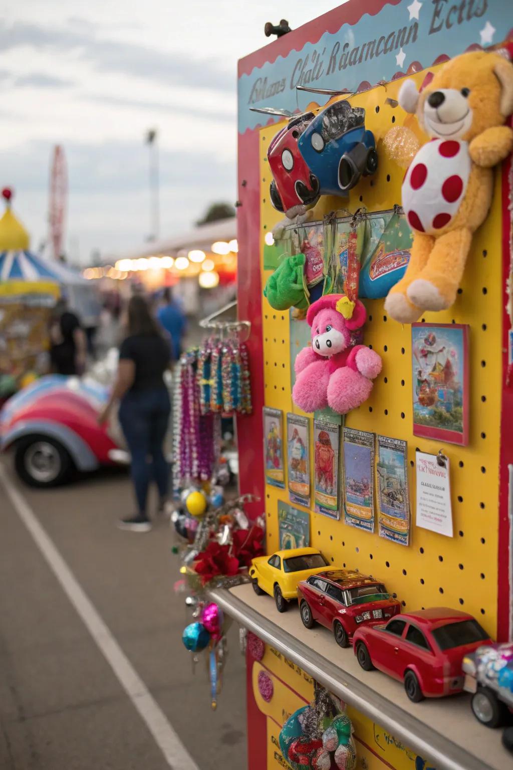 Carnival prizes create an inviting and playful atmosphere on the bulletin board.