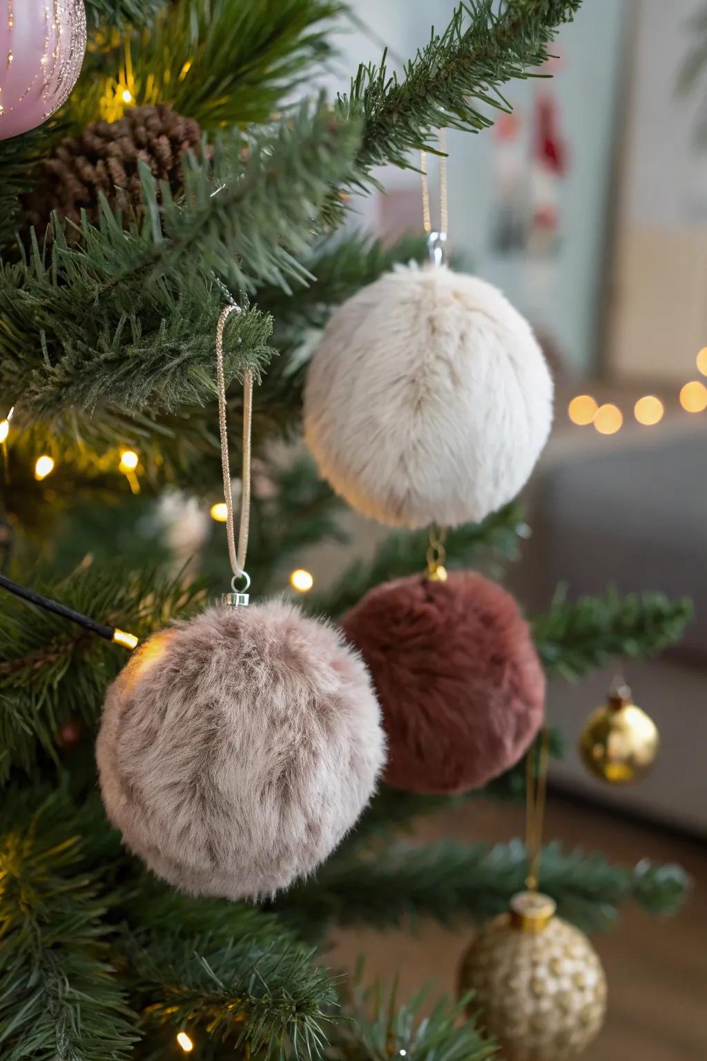Imitation pelt-wrapped ornaments fashion an inviting, snug ambiance.