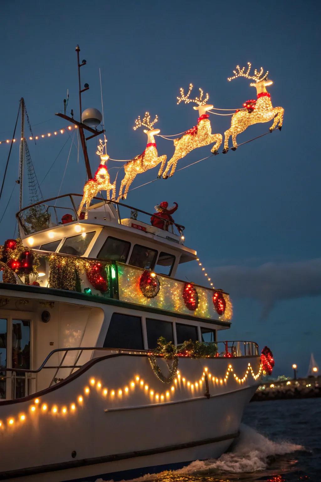 Reindeer soaring through the night, captured in a stunning light display.