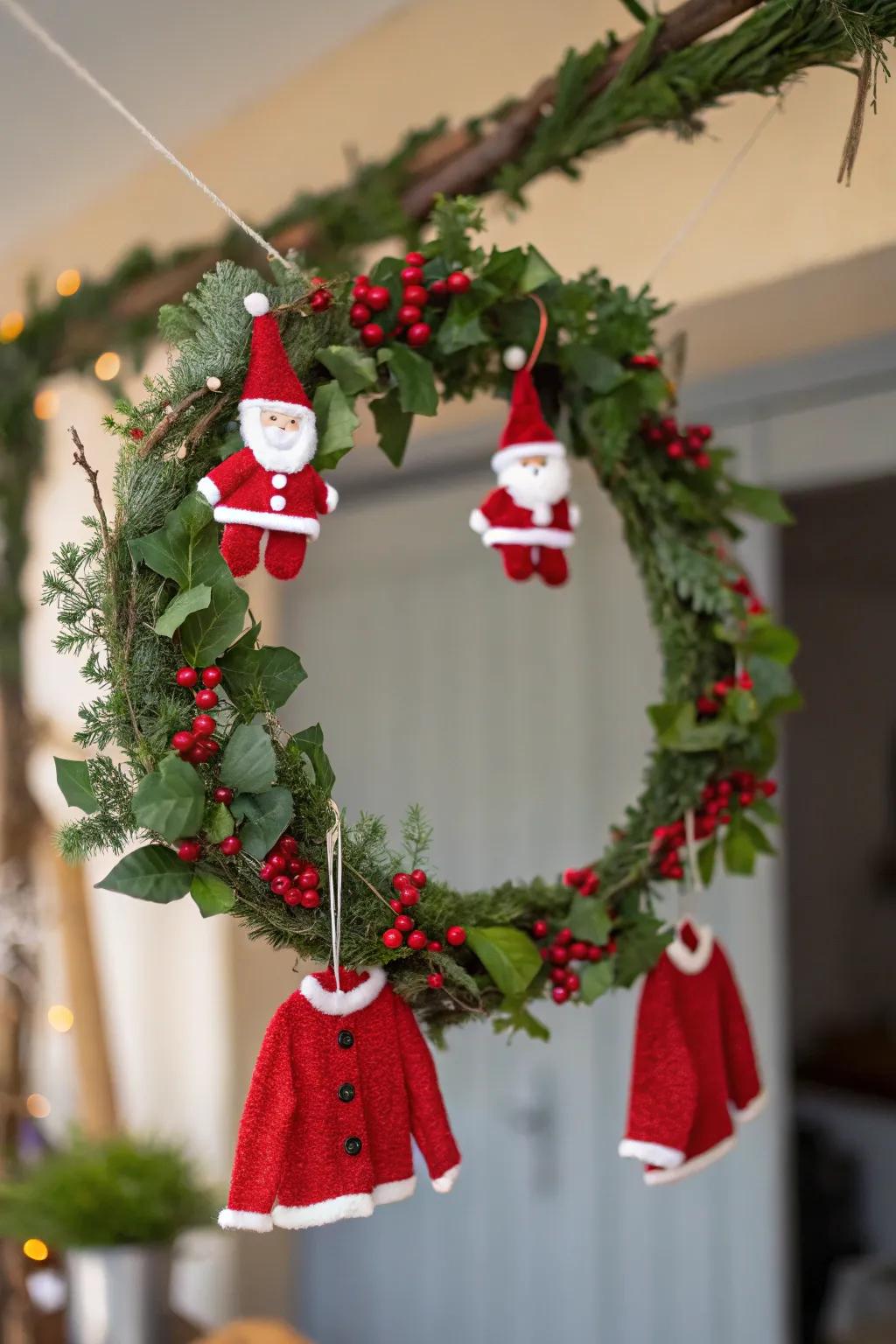 A playful Father Christmas's laundry garland with diminutive garments for a hint of whimsy.