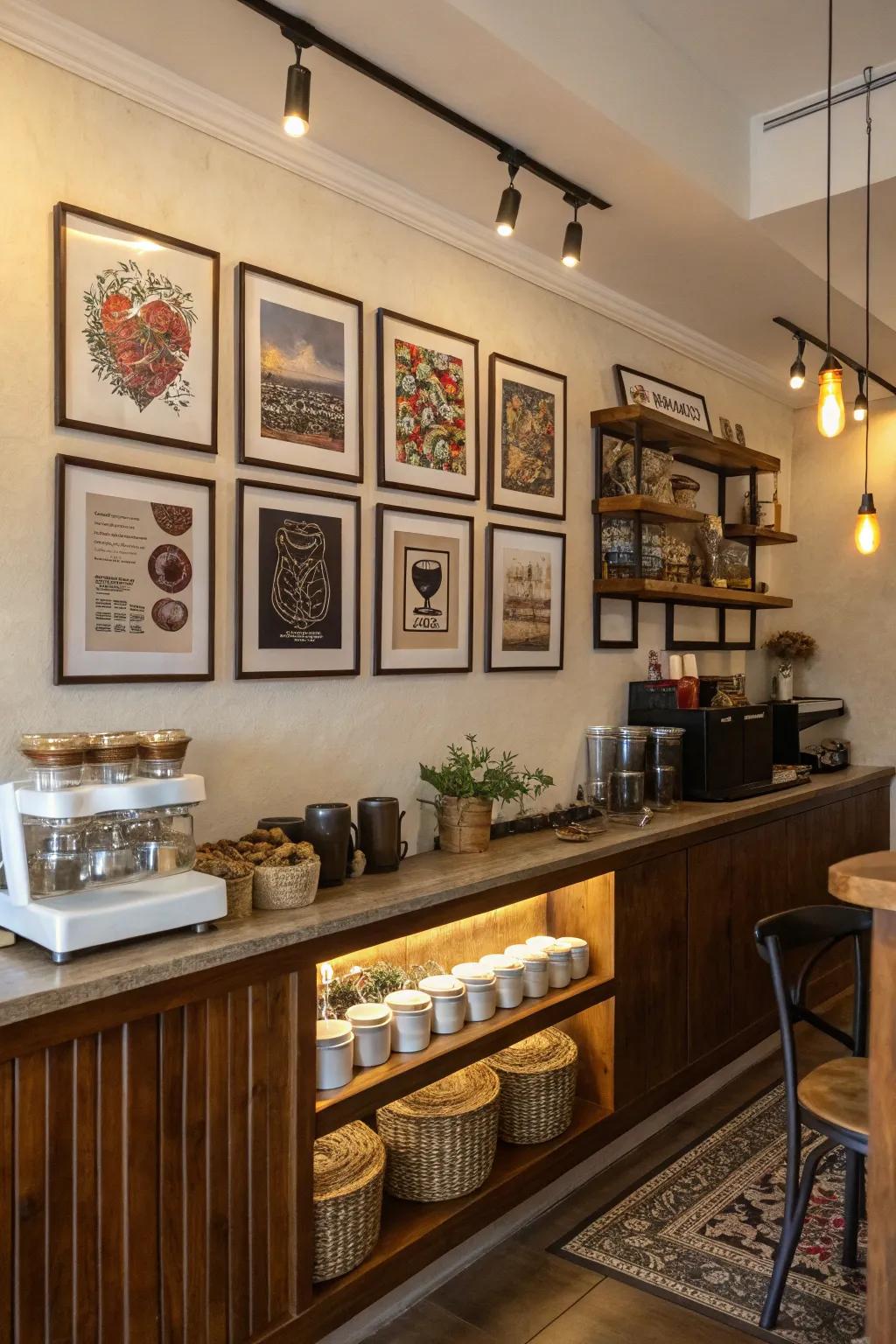 A gallery wall adds personality and flair to your coffee corner.