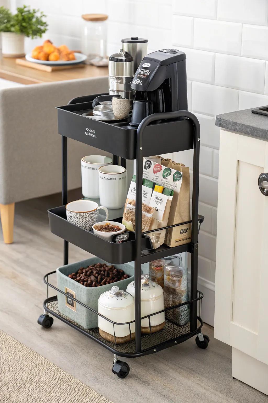 A versatile coffee cart offers space-saving convenience.