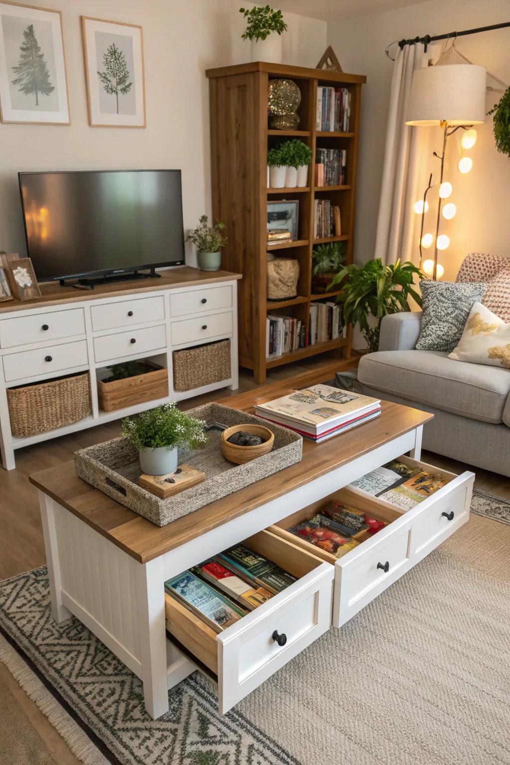 Clever storage solutions maintain a tidy and stylish living room.