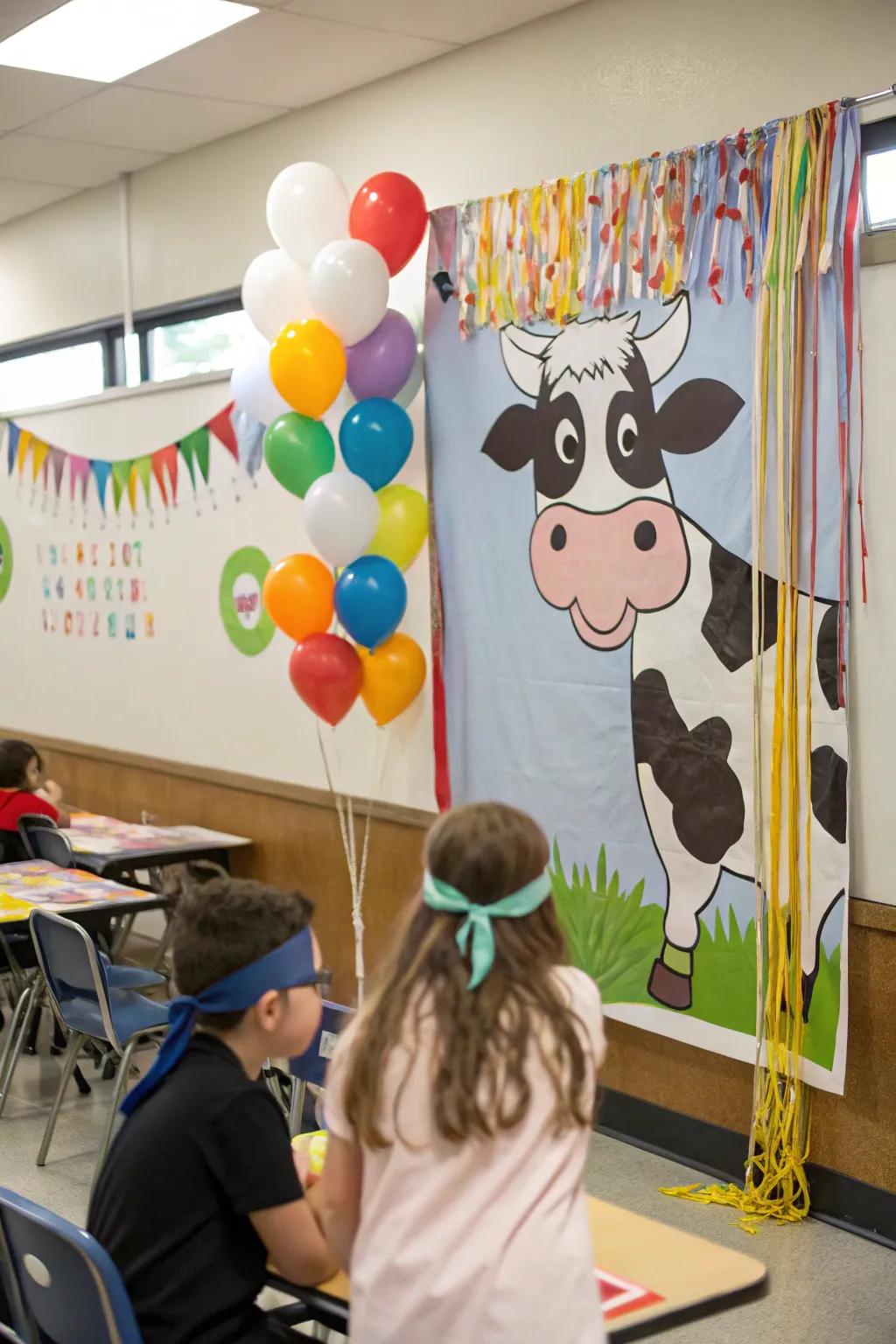 A 'Secure the Tail on the Bovine' game setup for classroom fun