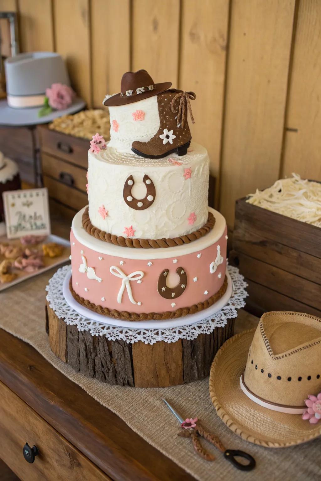 A rustic wood effect creates a natural and earthy feel for this cowgirl cake.