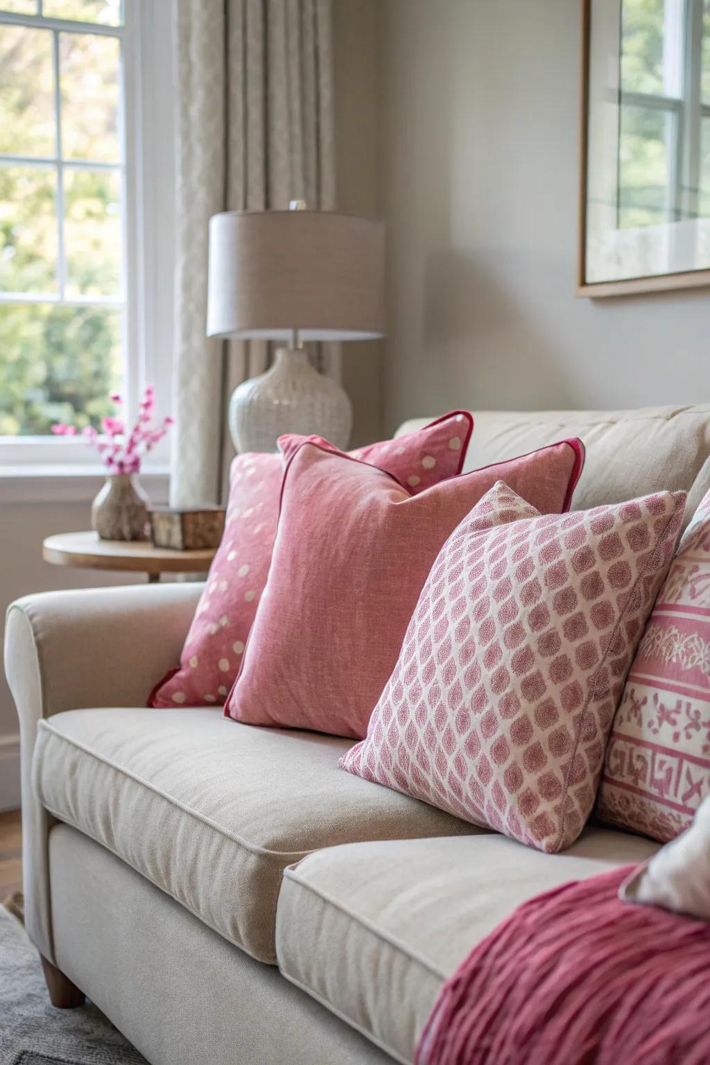 Pink throw pillows add versatility and style to the sofa.