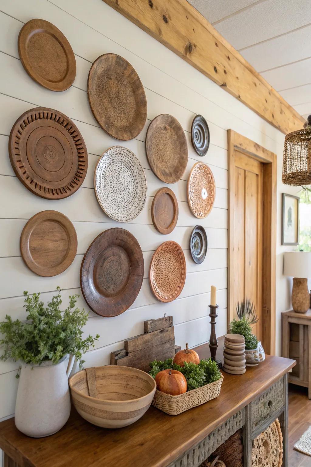 Rustic plates paired with wooden decor create a cozy vibe.