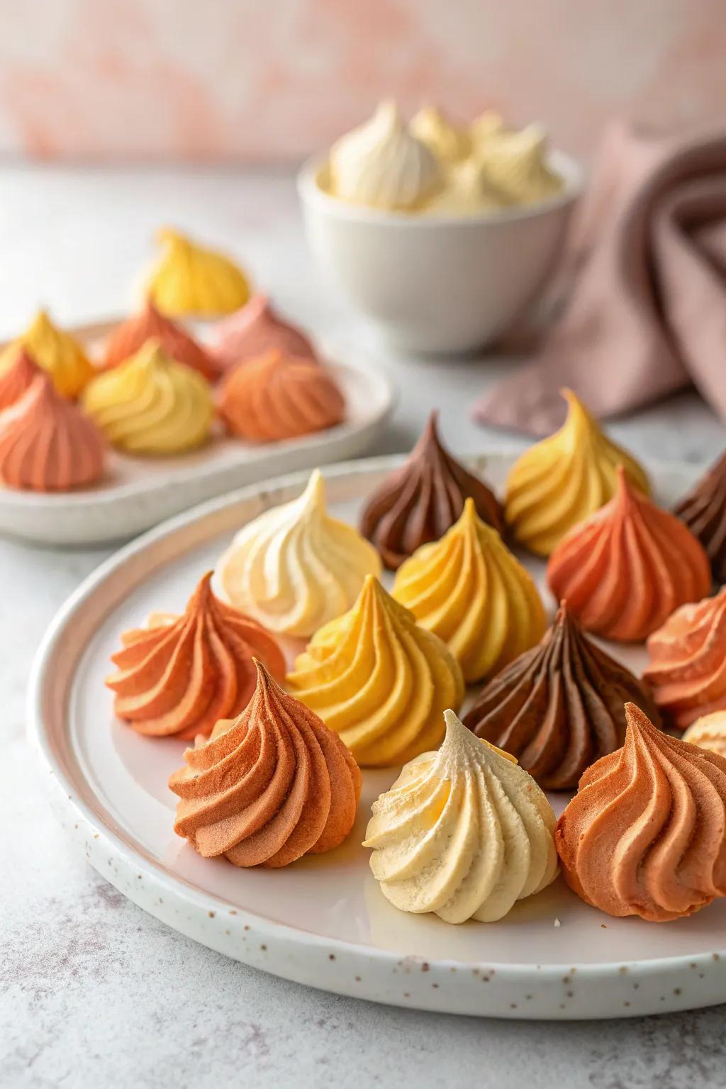 Mini meringues in warm colors like orange, yellow, and brown.