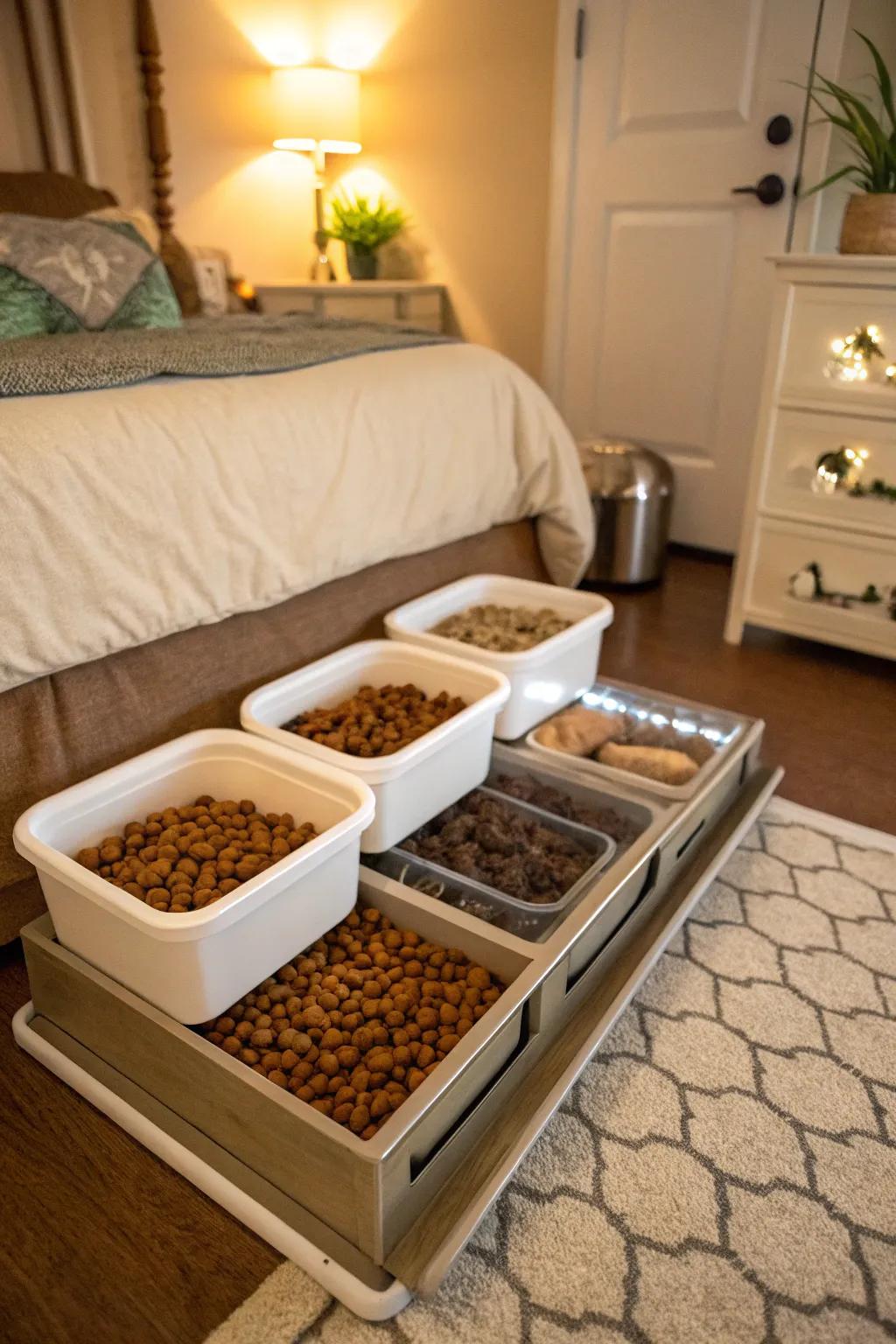 Under-bed storage containers offer a discreet solution for extra dog food supplies.