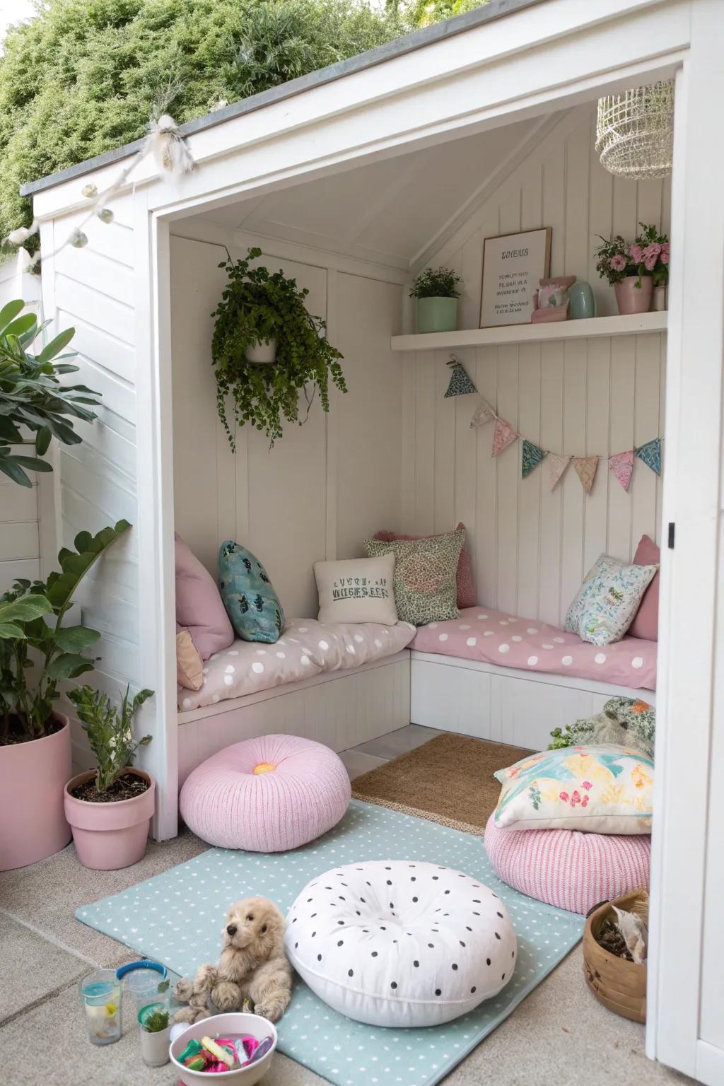 An inviting alcove transformed into a snug retreat for pets with fashionable decor.