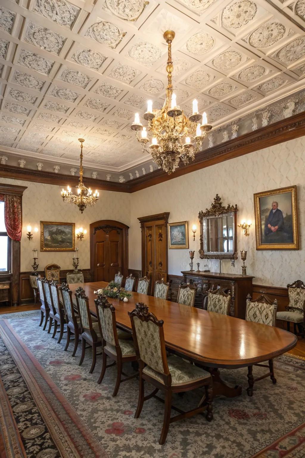 Vintage charm with distressed ceiling tiles.