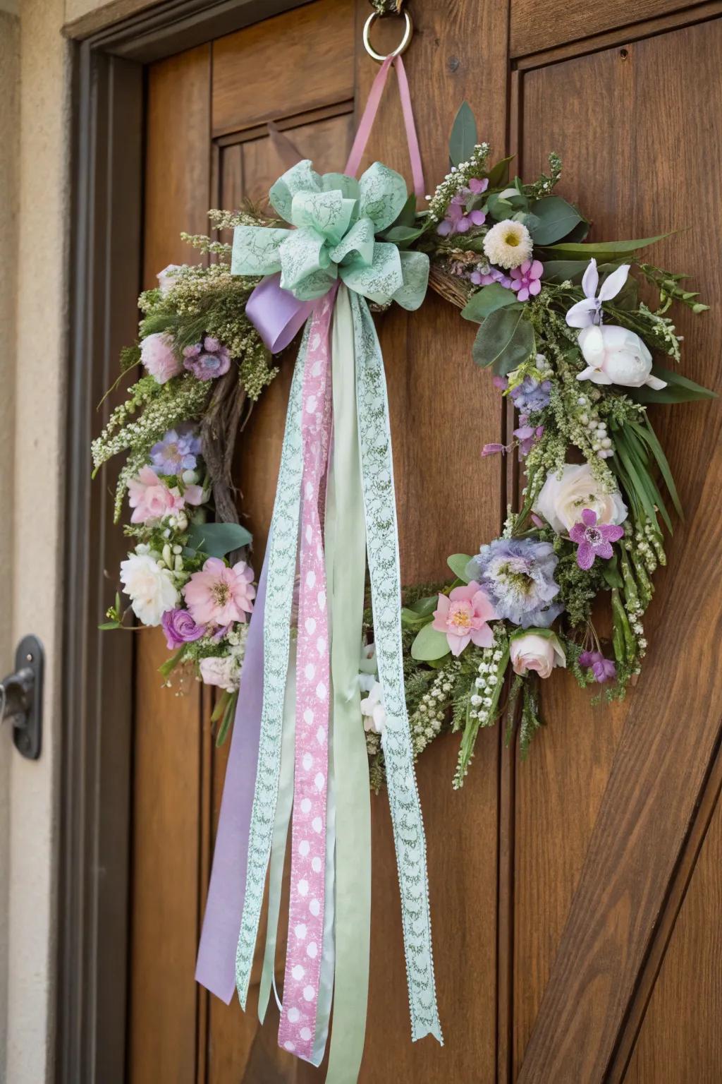 A floral Easter wreath with a bunny motif, perfect for a cheerful and festive touch.