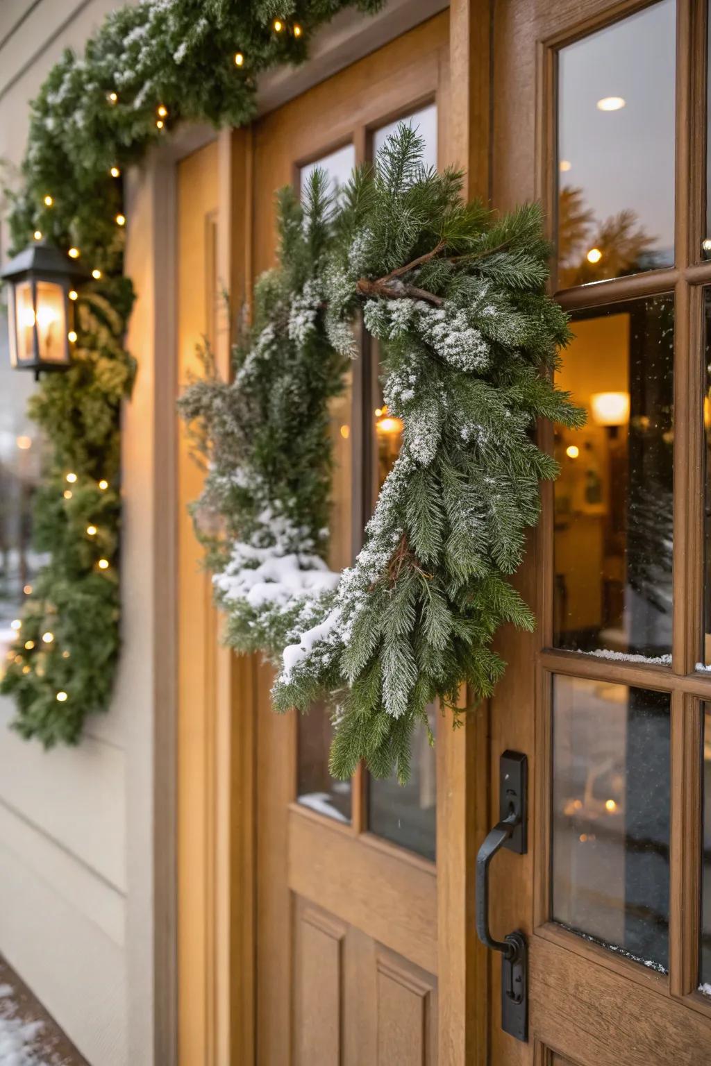 A snow-covered pine garland adds timeless holiday elegance.