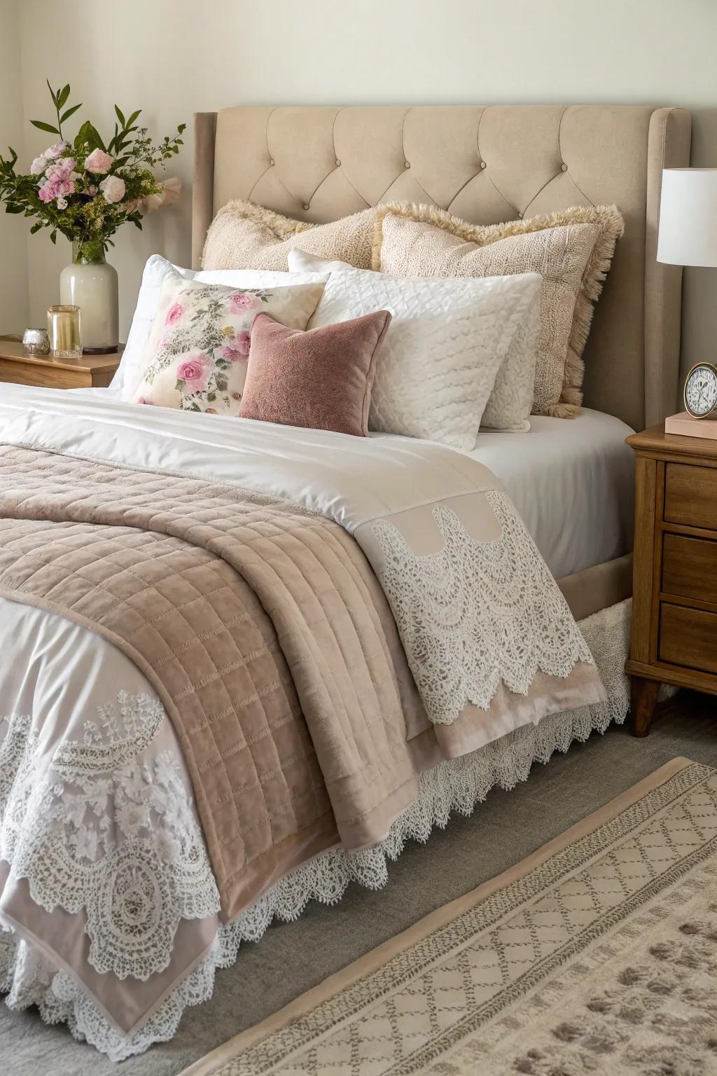 Layered bedding enhances comfort and visual appeal.