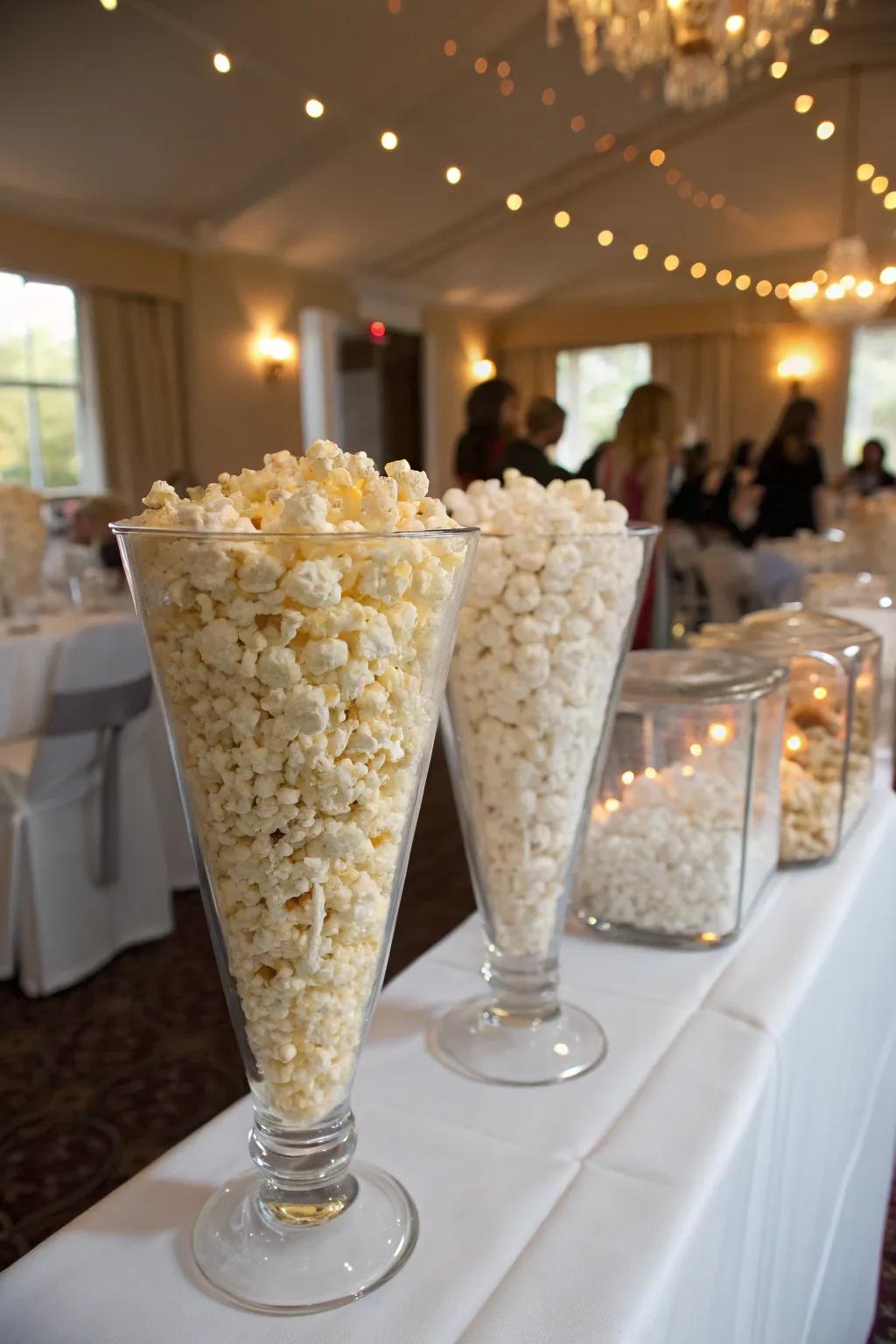 Popcorn beautifully exhibited in glass vessels, adding elegance and clarity to the setup.