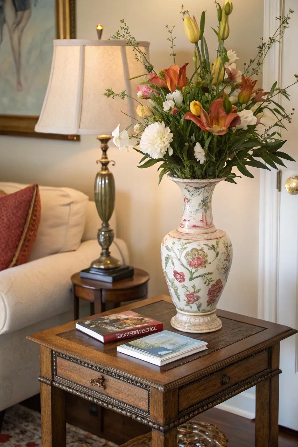 A focal point anchors the decor on an end table.