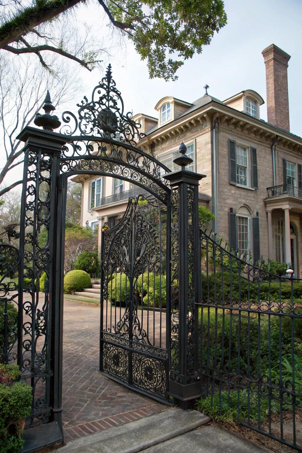 Wrought iron gates add timeless elegance to any entrance.