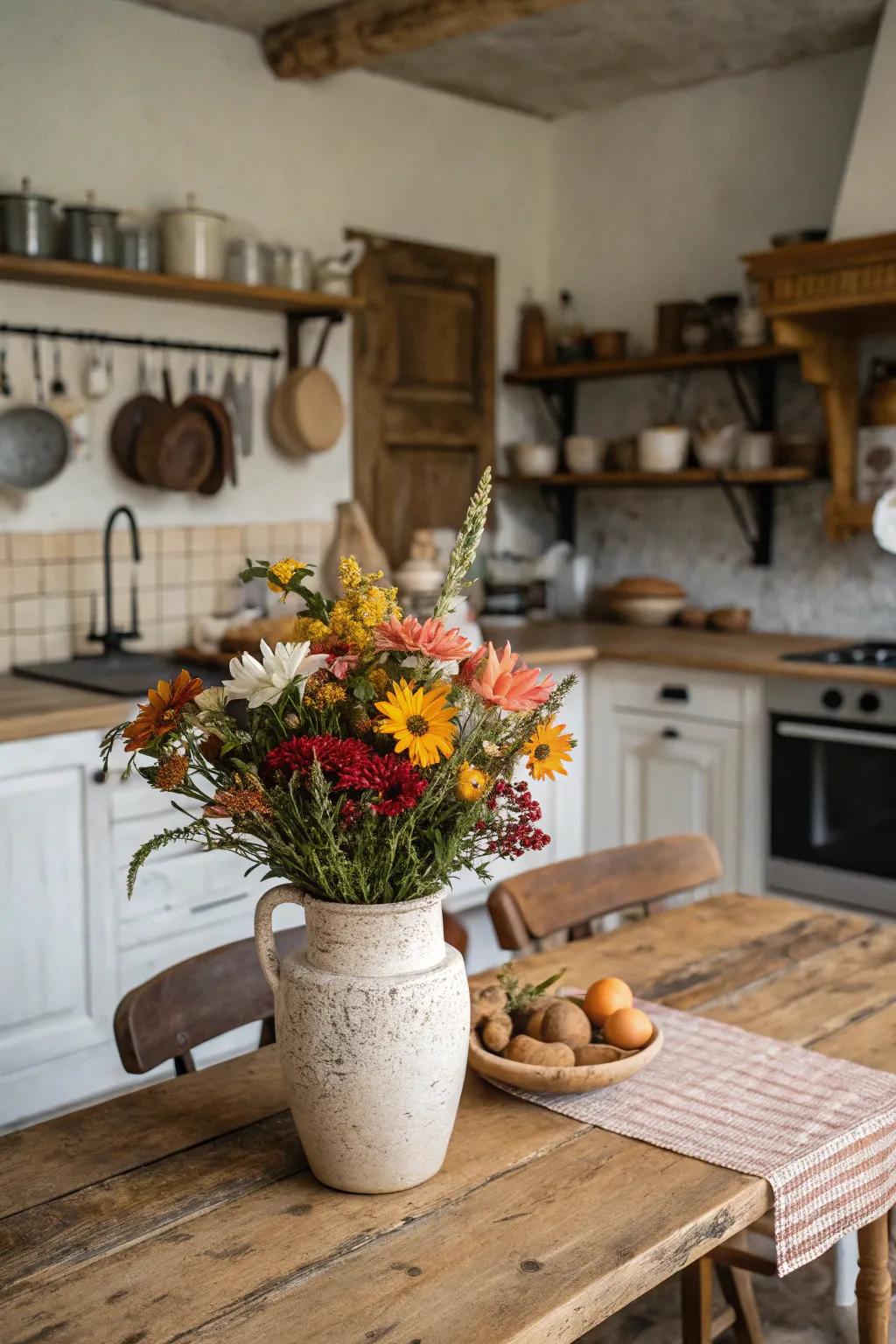 Ceramic vase with seasonal flowers adding a fresh touch to a farmhouse kitchen.