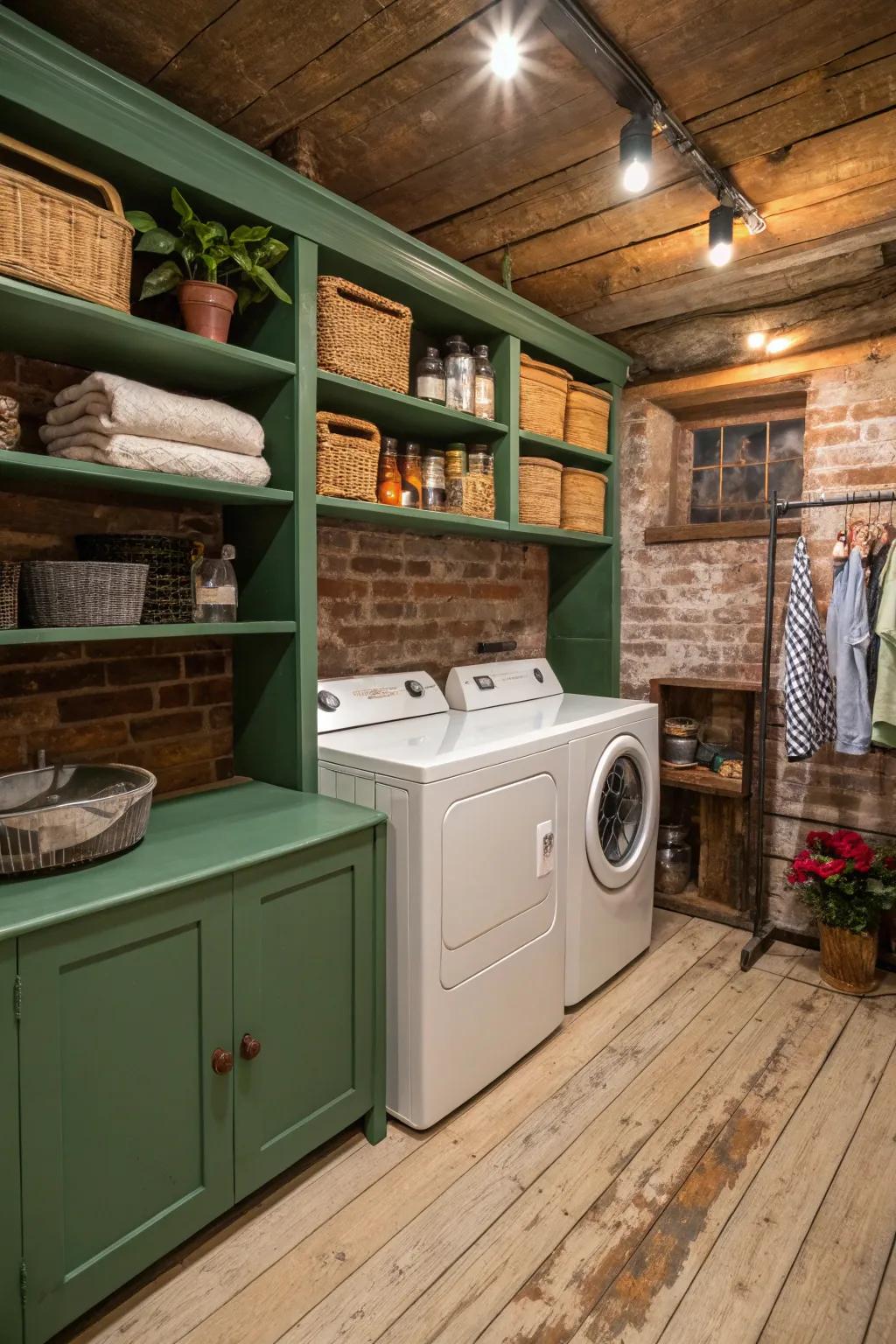 Painted shelves provide a splash of color and character in this farmhouse laundry room.