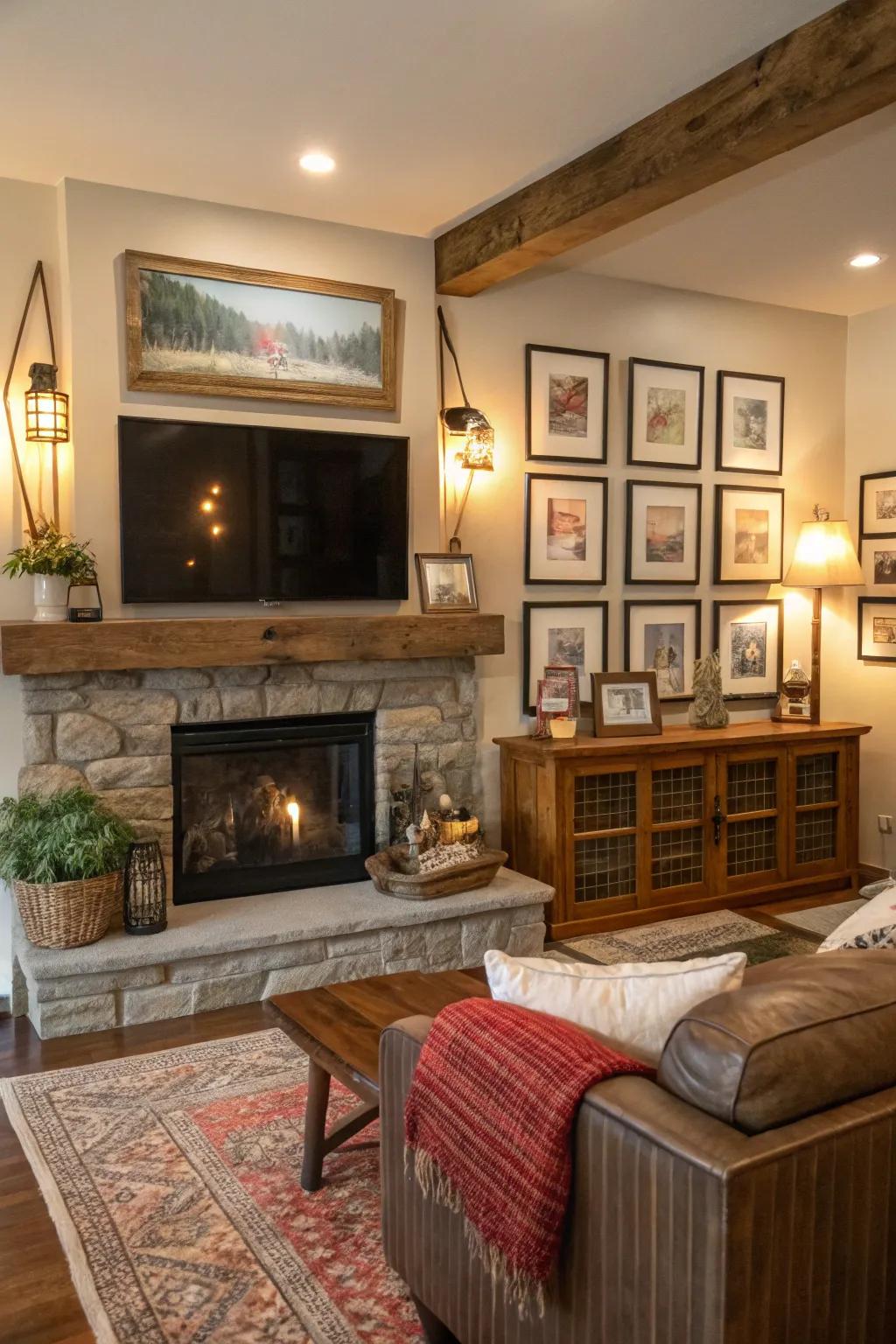 A farmhouse living room with a TV above the mantel, beautifully accented by a gallery wall.