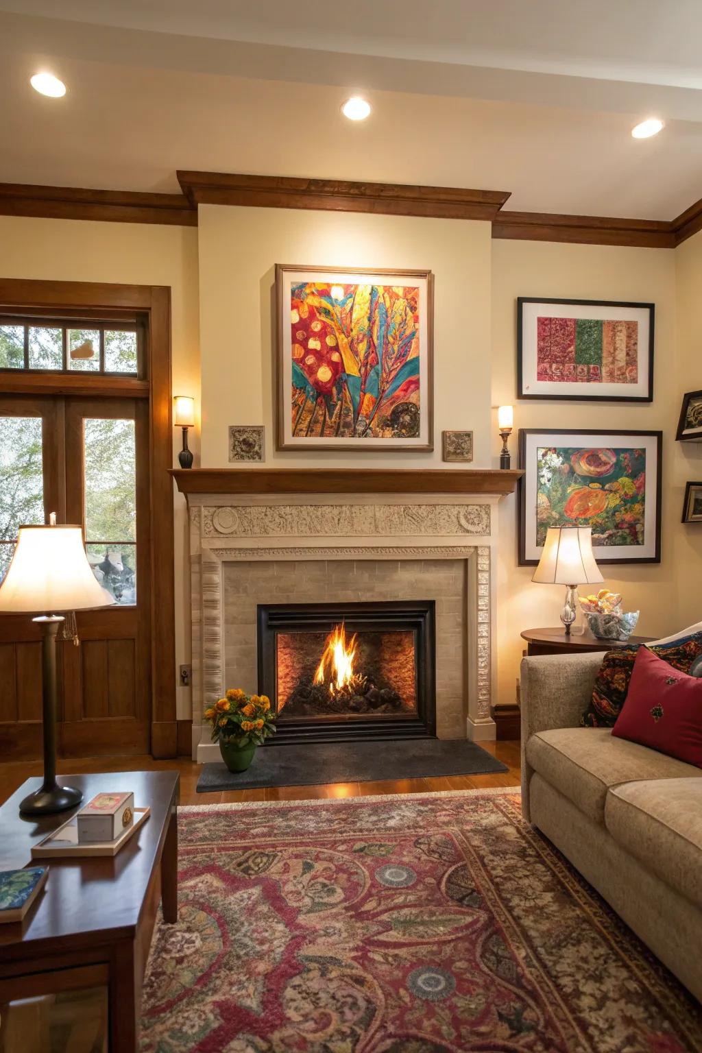 A living room showcasing vibrant artwork in the fireside alcove to append personal essence.