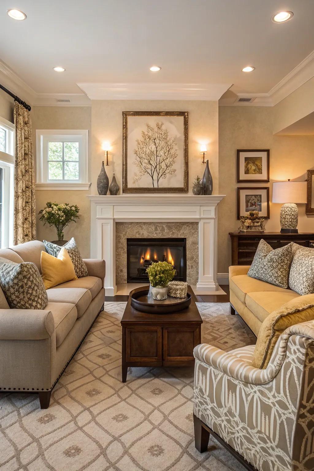 A harmonious living space featuring a central fireplace with decor in matching colors.