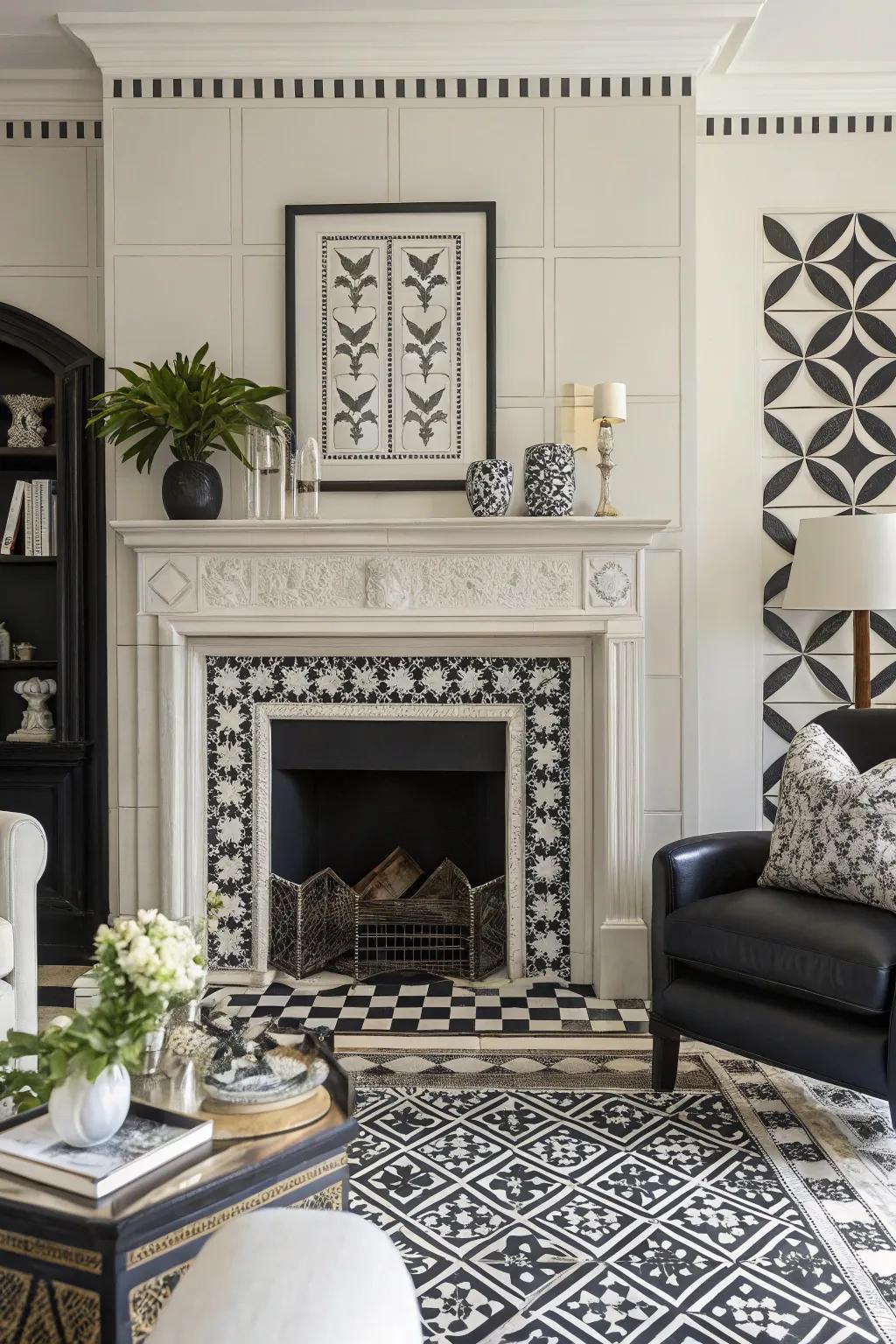 Black and white tiles offer timeless elegance for this fireplace.