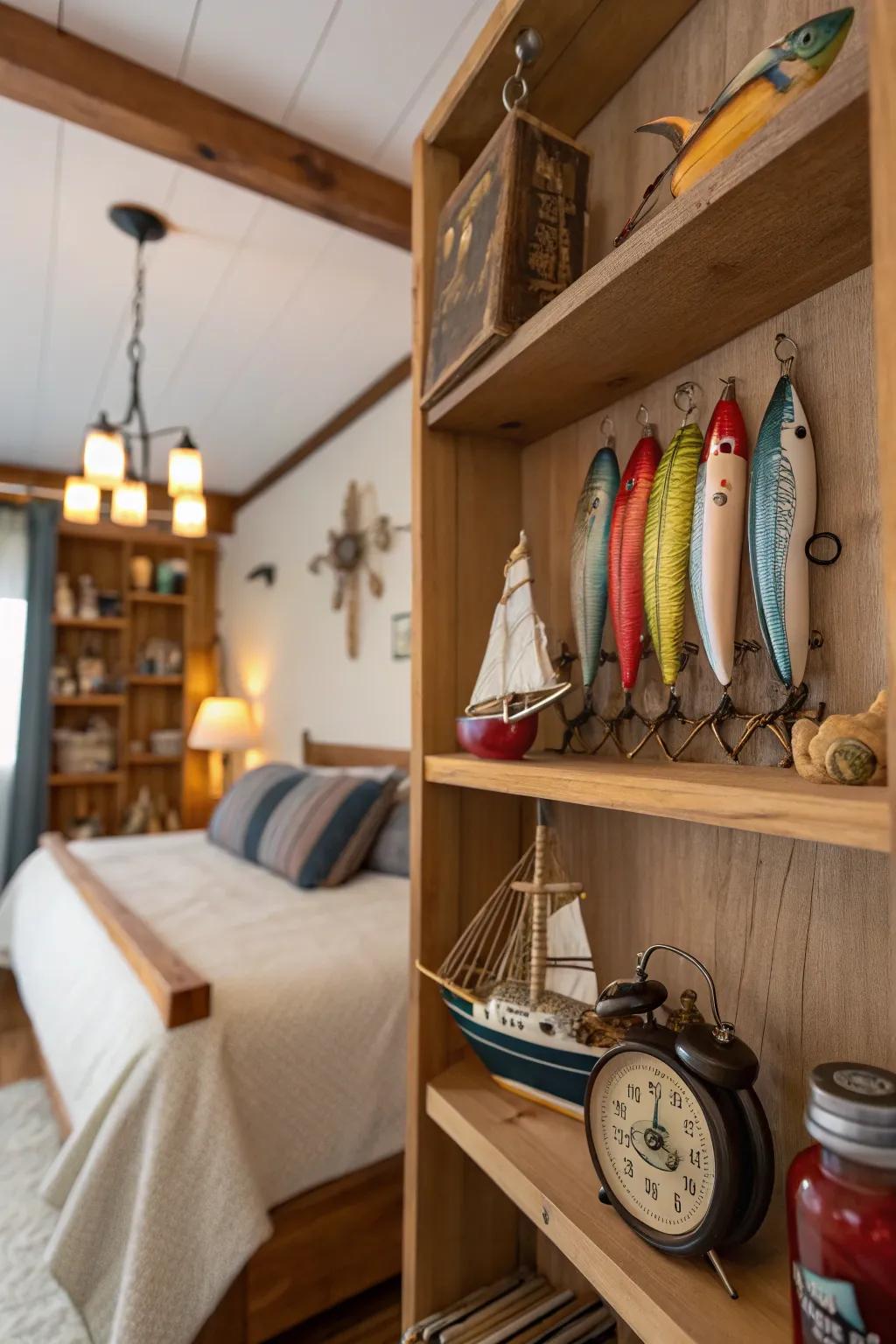 Vintage fishing lures give a distinctive and nostalgic touch.