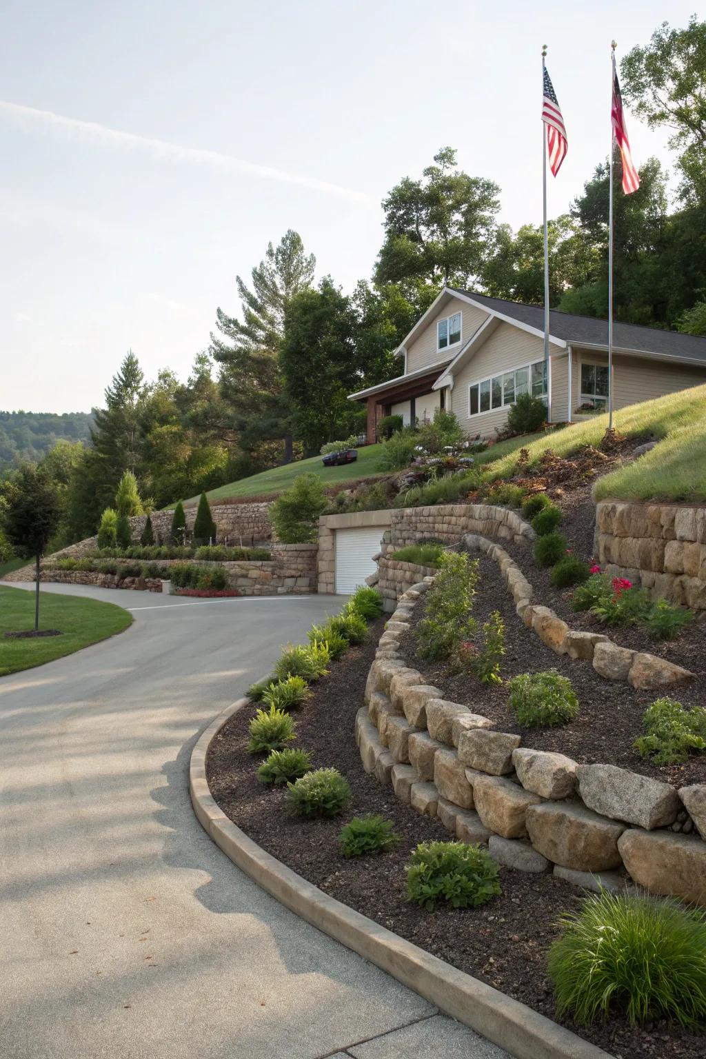 A terraced landscape beautifies a sloped rear lot access.