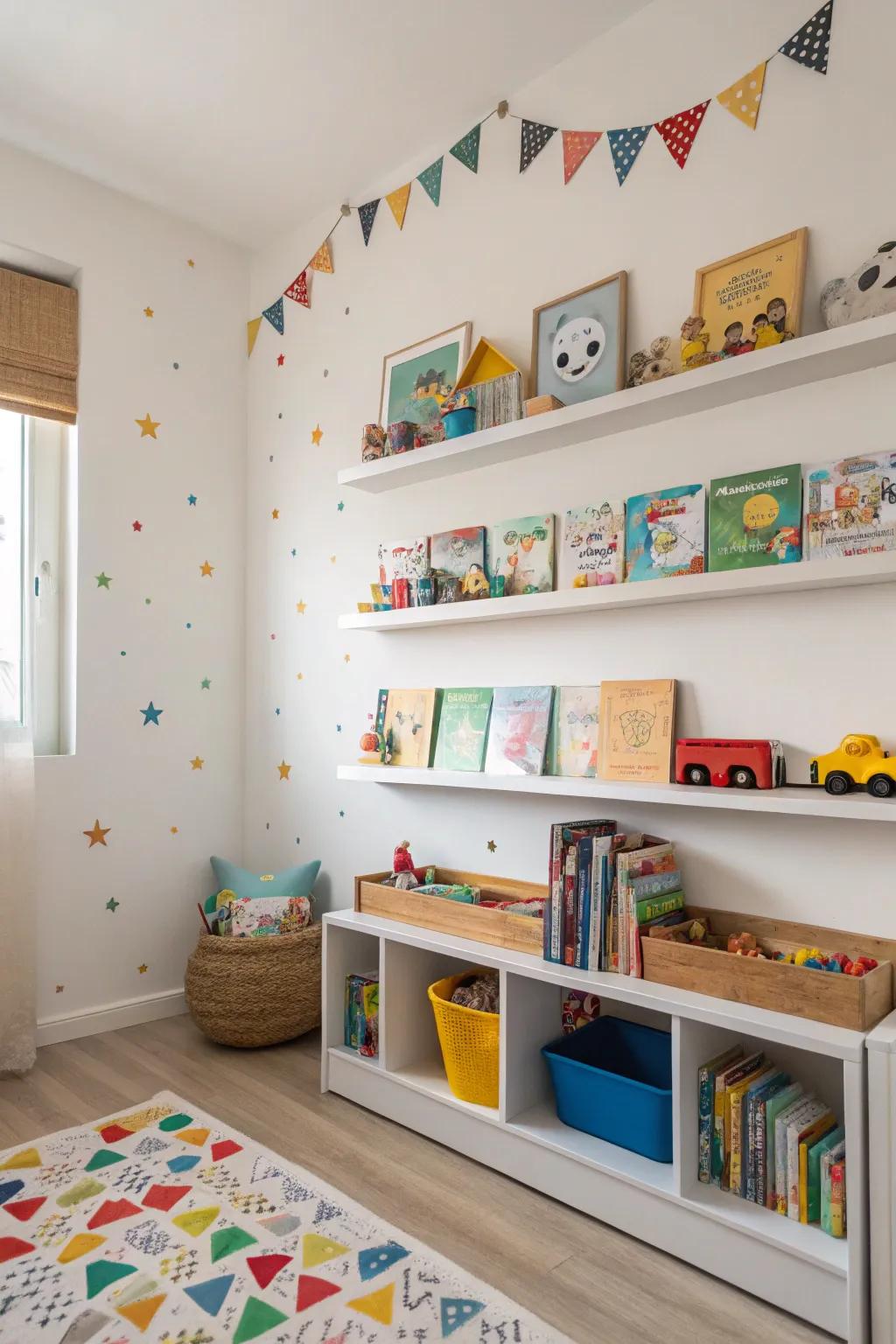 Floating shelves in a kids' room for playful organization.