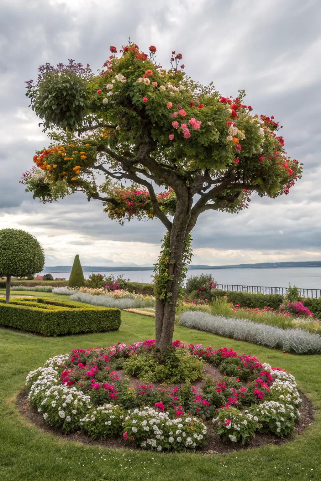 Asymmetrical arrangement injects a hint of artistry to this tree's setting.
