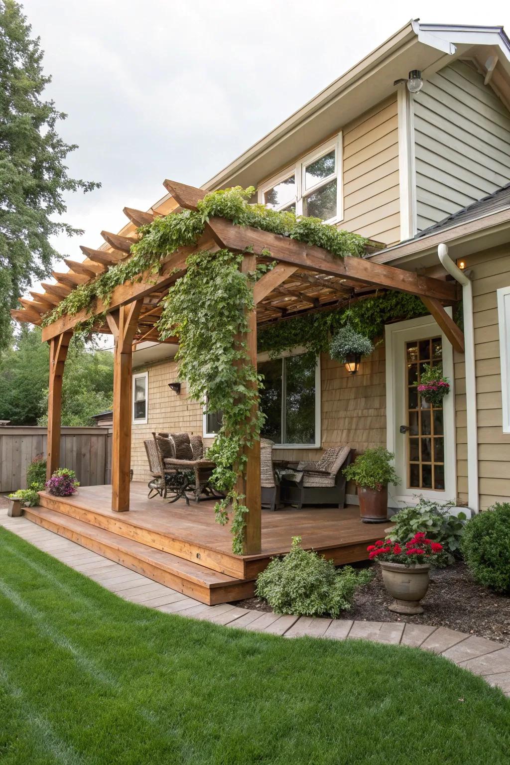A wooden pergola contributes shade and charm to the front extension.