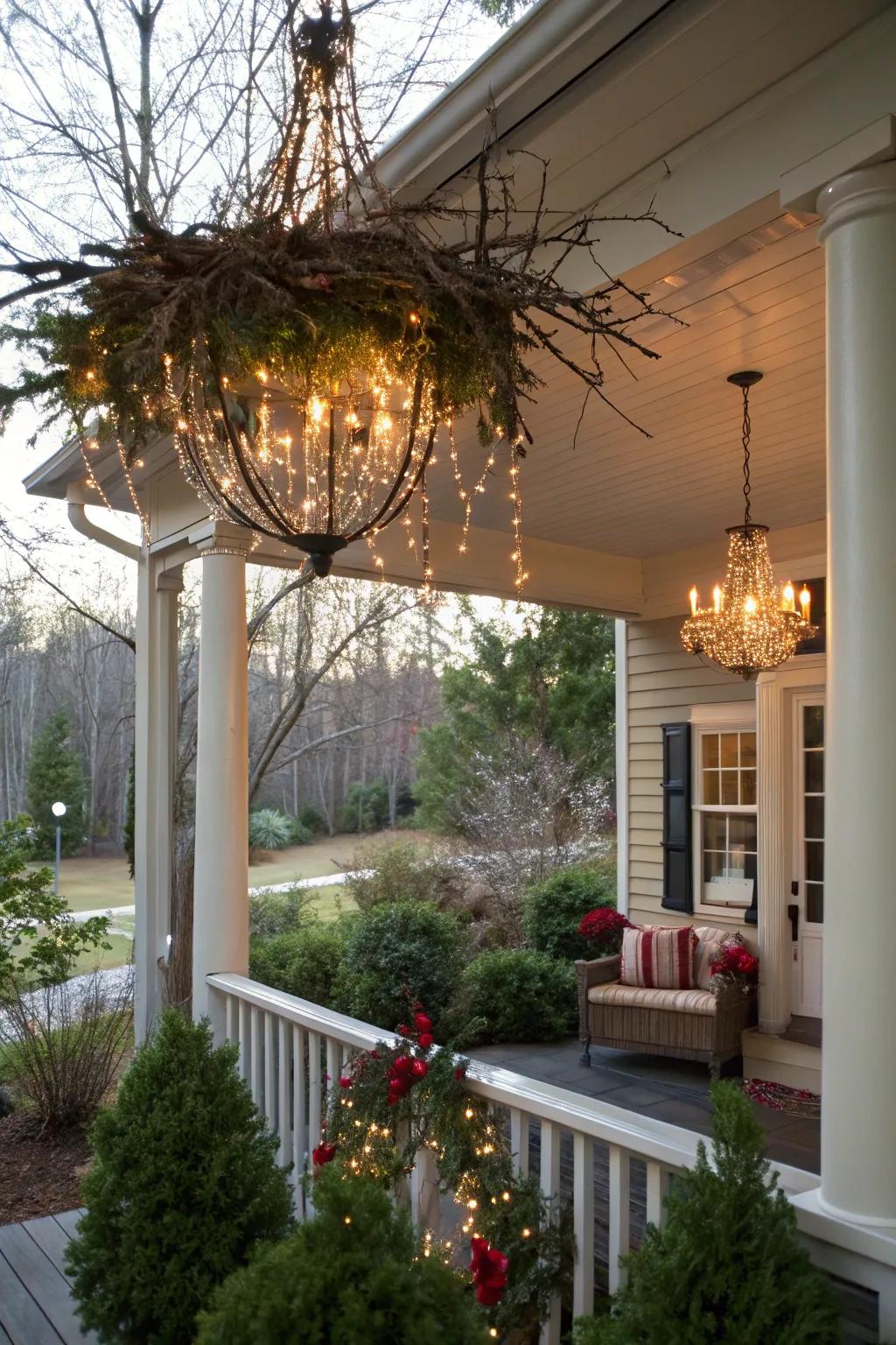 A holiday chandelier adds an elegant touch to your porch.