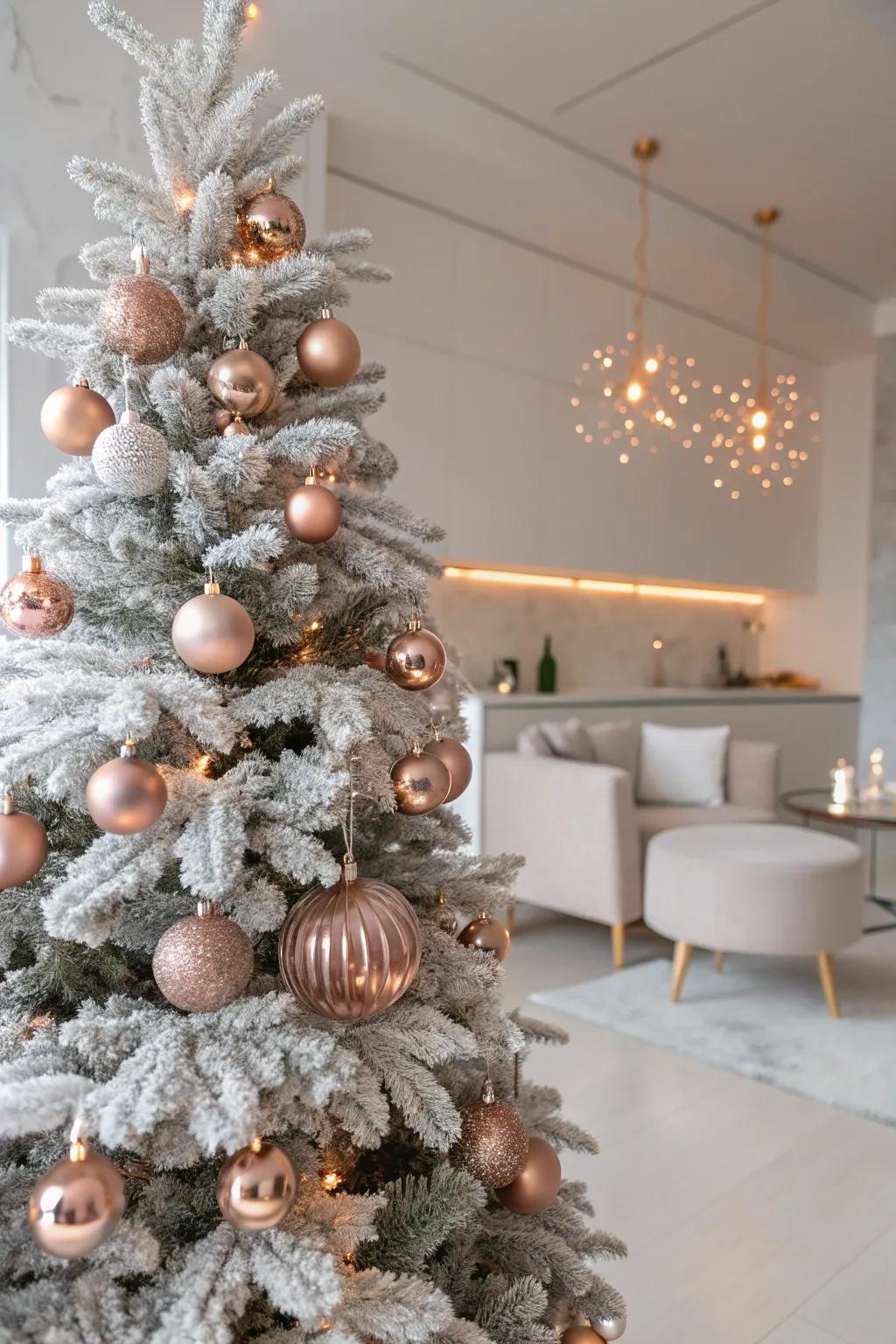 Rose gold ornaments bring a trendy, modern touch.