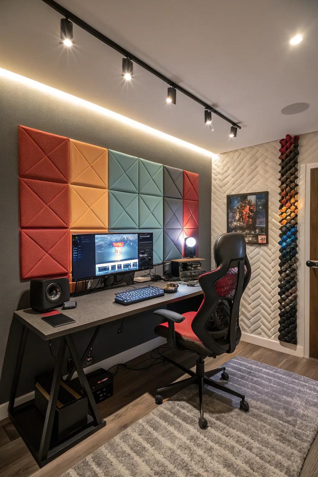 Acoustic panels enhance sound quality while maintaining a stylish aesthetic.