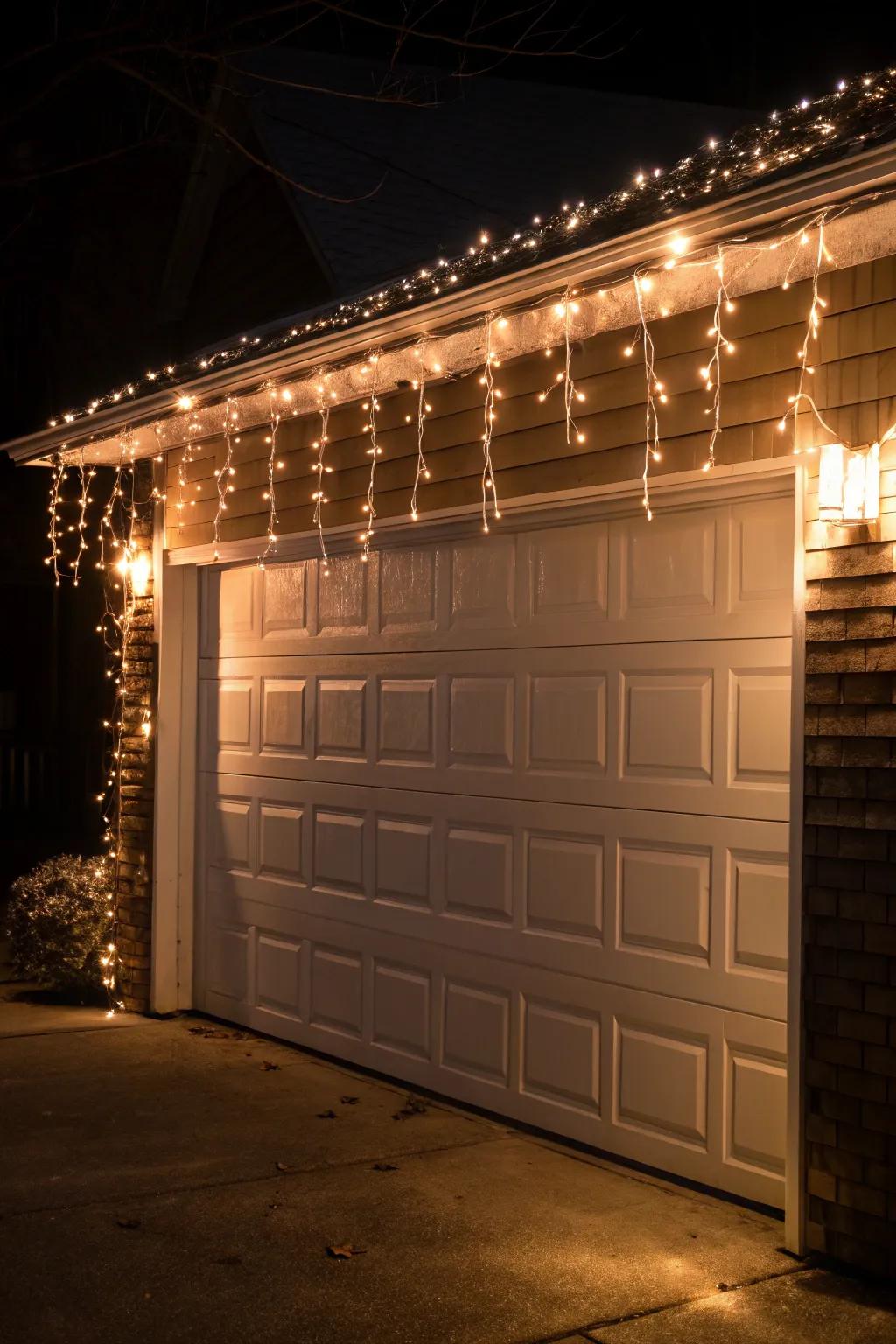 Garage door adorned with twinkling icicle lights.