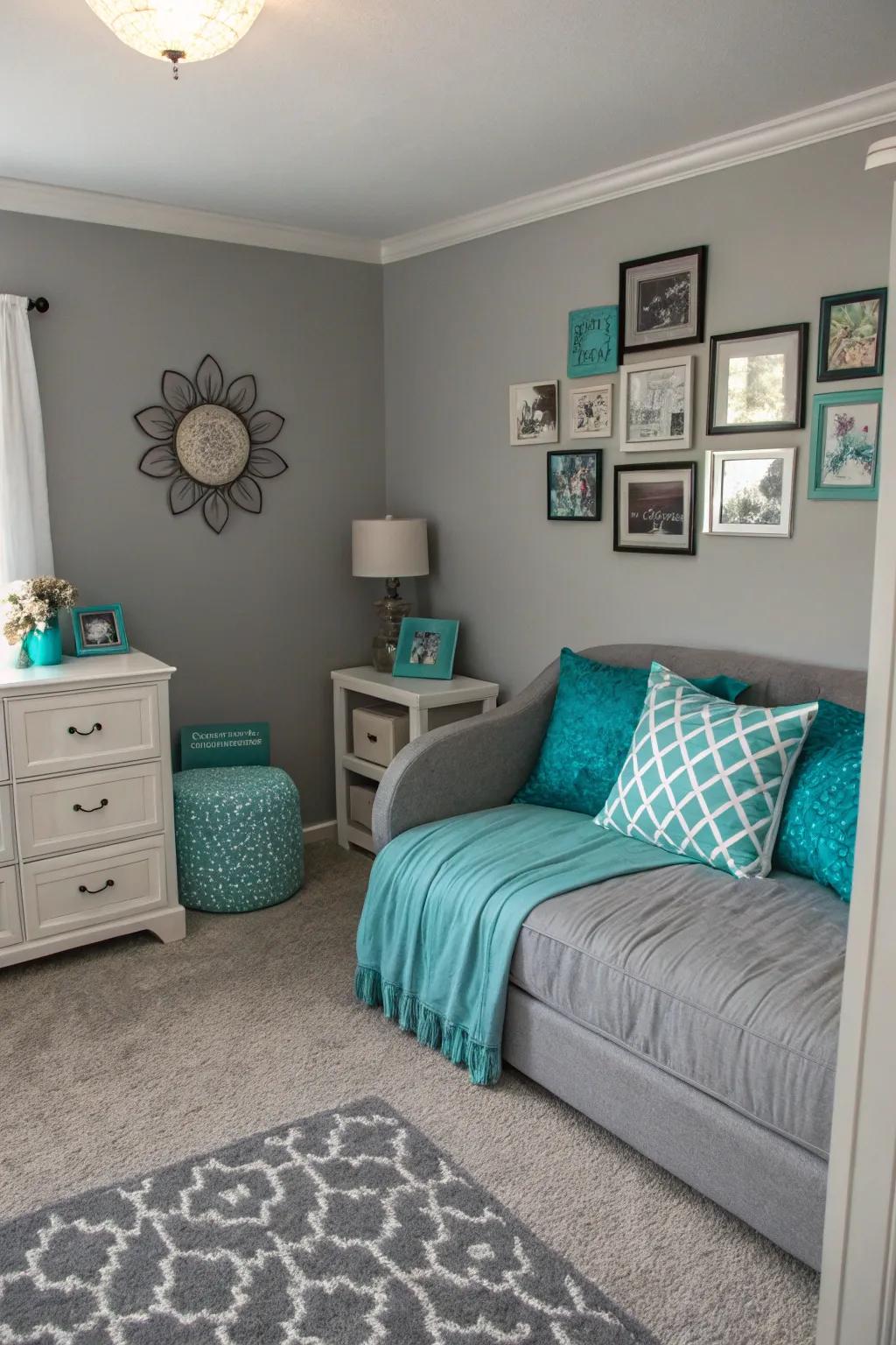 A surprise color adds a lively touch to the gray palette.